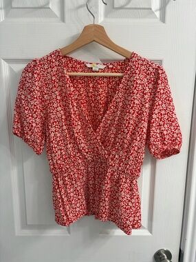 Boden Red and White Floral Wrap Blouse
